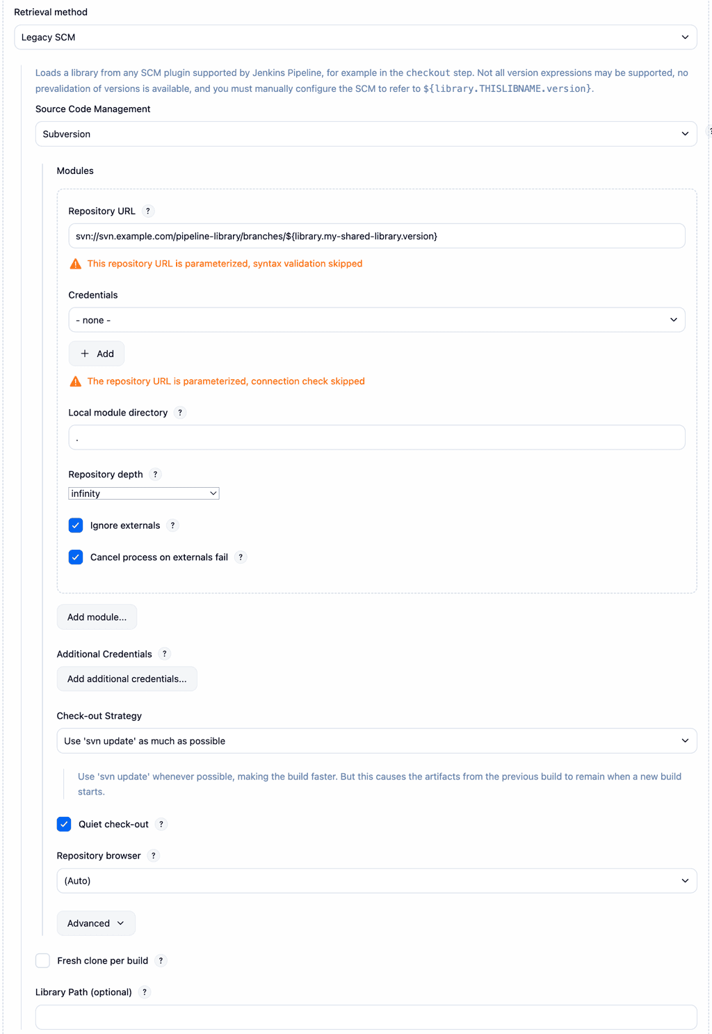 Jenkins System Configuration page accessed by navigating from the Dashboard to Manage Jenkins, then to System, showing settings for adding a Global Trusted Pipeline Library. It includes options as follows: the library name is set to 'my-shared-library', the default version to 'Stable', and checkboxes for 'Allow default version to be overridden','Include @Library changes in job recent changes' and 'Cache fetched versions on the controller for quick retrieval' are checked. The 'Cache refresh time in minutes' is set to 37. The retrieval method is set to Legacy SCM, with the source code management field set to 'Subversion'. The repository URL is parameterized as svn://svn.example.com/pipeline-library/branches/${library.my-shared-library.version}. No credentials are selected. Additional options include the local module directory set to . (current directory), repository depth set to 'infinity' and options to 'Ignore externals' and 'Cancel process on externals fail' are enabled.